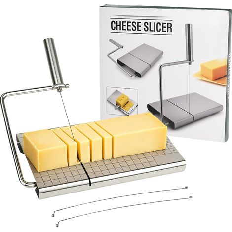 Cortador de queso de acero inoxidable - Tabla de cortar - Tabla de quesos - Cortador de mantequilla - Con tabla y rejilla medidora - Cortador de queso intercambiable para queso en bloque y (1/5)