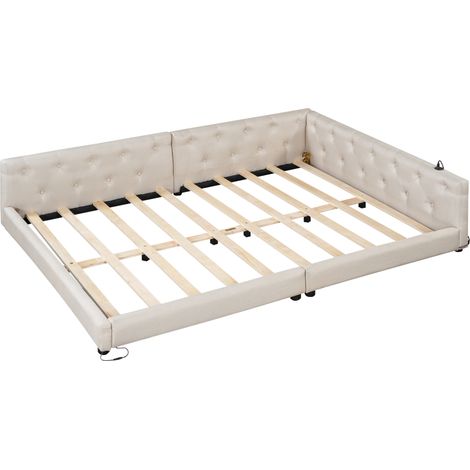 Divano letto 140 x 200 cm in lino beige con rete a doghe, LED 7 colori, USB e USB-C (1/5)