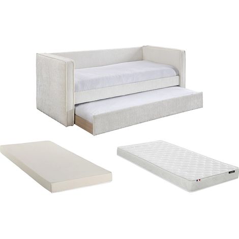 Lit banquette avec tiroir gigogne 2 x 90 x 190 cm – Tissu texturé – Blanc + Matelas – SULAZO
