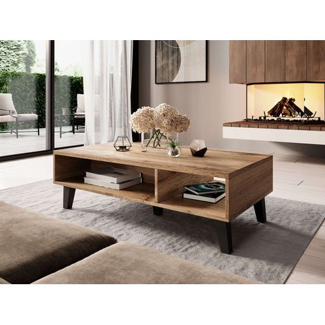 Bestmobilier – Table basse industrielle 110 cm – Effet bois et noir – 2 niches ouvertes – Résistante à l'humidité et aux rayures – À assembler soi-même (1/4)
