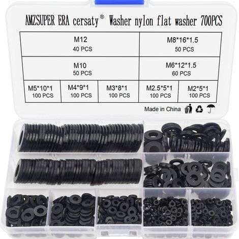 Rondelle Nylon - M2 à M12 - 700 Pièces - Diamètre Intérieur 2 à 12 mm - Épaisseur 0.5 à 2 mm - Noir - Boîte de Rangement avec Compartiments
