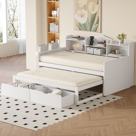 Kistenbett 90x200/190 cm – mit Klappbett – mit zwei Schubladen – große Aufbewahrungstasche und Aufbewahrungskorb – USB-Anschluss – Massivholz-Schlafsofa – Weiß (1/5)
