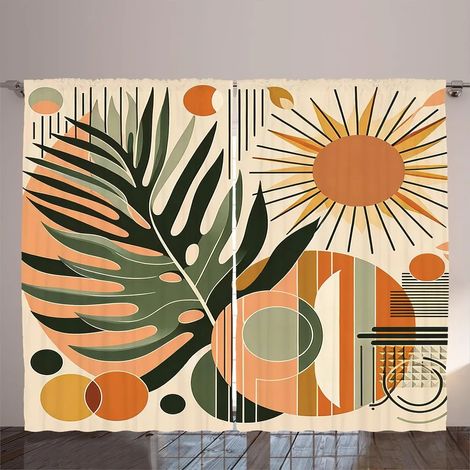 Rideau à motif abstrait feuilles de monstera et soleil, style bohème, couleurs pastel et foncées, dimensions 280 x 175 cm, teinte pêche, rose pâle et vert (1/2)