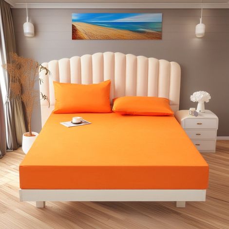 Parure de lit (avec deux taies d'oreiller 50 x 75 cm), en microfibre de polyester, adaptée aux matelas jusqu'à 30 cm d'épaisseur, 120 x 200 x 30 cm, orange (1/4)