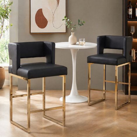 DESMIU Tabouret de Bar 2 Pièces avec Assise Rembourrée et Structure en Métal, en PU Noir et Or, 91,4 cm (1/5)