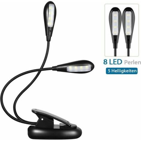 Lampe de lecture à pince pour livres, 8 LED, 5 niveaux d'intensité lumineuse, lampe à clipser rechargeable USB, bras flexible à 360°, idéale pour la lecture (1/3)
