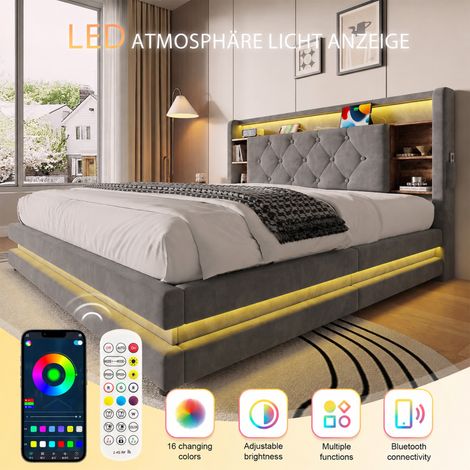 Lit capitonné 140x200 avec coffre intégré, velours gris anthracite, tête de lit éclairée LED, prises USB-C, levage hydraulique, sommier à lattes, rangements latéraux ouverts (1/5)