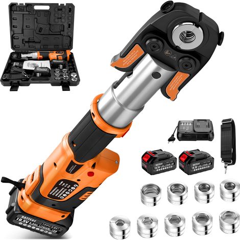 60kN Kit d'outils de Sertissage Electriques Alimentés avec 2 batteries 5,0 Ah, pince à sertir Presse, avec Contour TH (TH16, TH20, TH26, TH32) et contour V (V12, V15, V18, V22, V28), Orange (1/5)