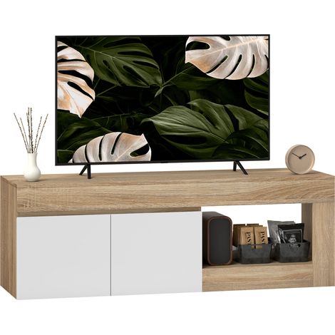 Mobile porta TV a 2 ante per televisori fino a 60 pollici, mobile con armadietto e ripiano a giorno, effetto legno naturale.