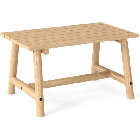 Table basse extérieure rectangulaire naturelle en bois massif avec plateau à lattes et pieds robustes, pour terrasse (1/5)