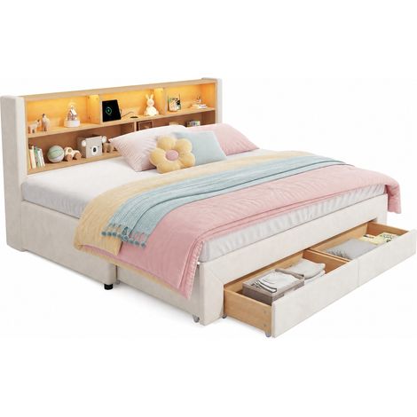 Lit banquette extensible 90x200 cm avec LED, USB-C, rangements et 2 tiroirs, velours beige pour chambre d'enfant ou d'amis, gain de place – CHICFURN (1/5)