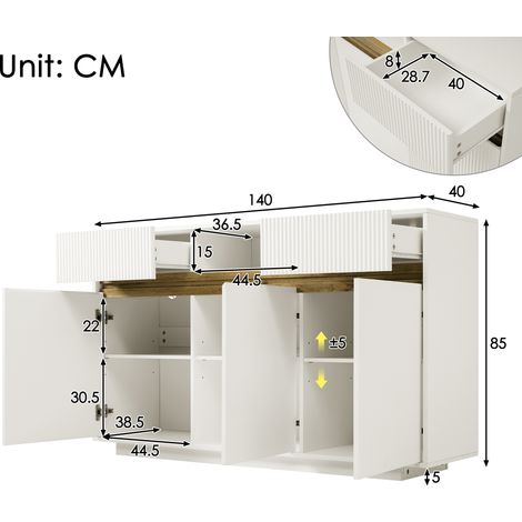 Buffet blanc avec éclairage LED, 140 x 40 x 85 cm, commode à 2 tiroirs et 3 portes, meuble avec étagères réglables, meuble de salon moderne, meuble d'entrée, meuble de cuisine (1/5)