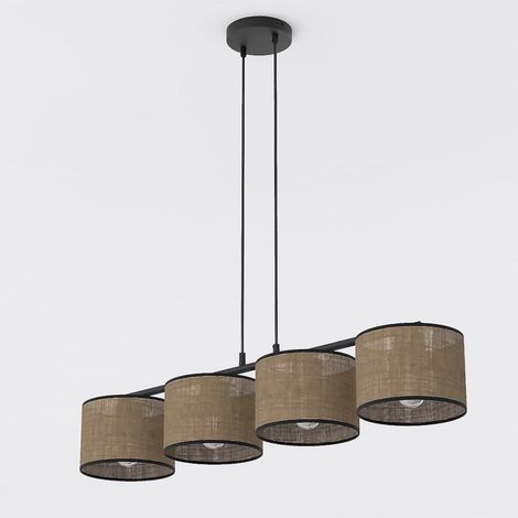 Lampada a sospensione ECO a 4 luci in acciaio nero e tessuto marrone