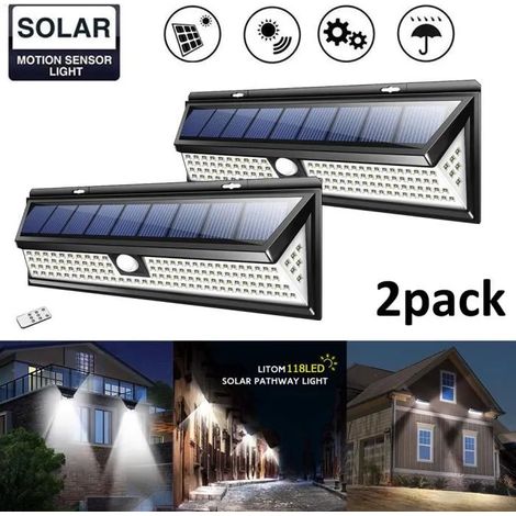 [2pack]118 LED Lampe Solaire Extérieur avec Télécommande - Etanche IP65 (1/4)