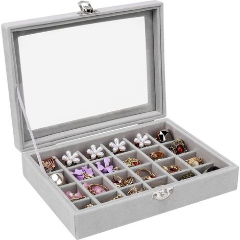 Caja de almacenamiento de joyas de 24 compartimentos con tapa transparente, bandeja de exhibición para anillos, pendientes y collares, joyero con frontal de cristal. (1/5)