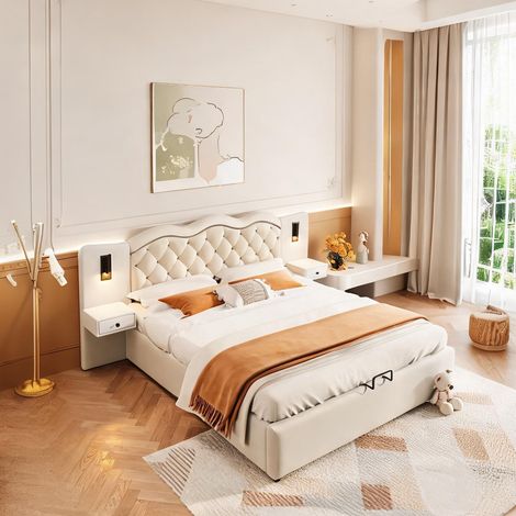 Cadre de lit beige en lin 205 x 245 x 102,5 cm (1/5)