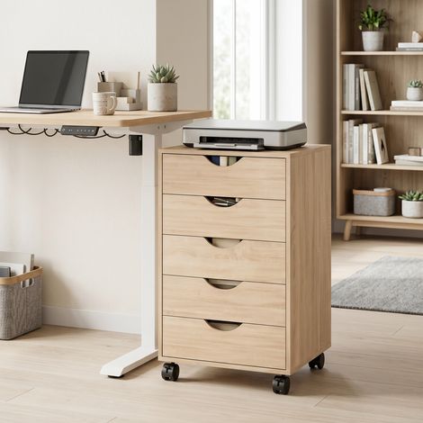 Caisson de bureau roulant, rangement à roulettes avec 5 tiroirs, en bois chêne, dimensions 40 x 40 x 67 cm, meuble mobile pour espace de travail (1/5)