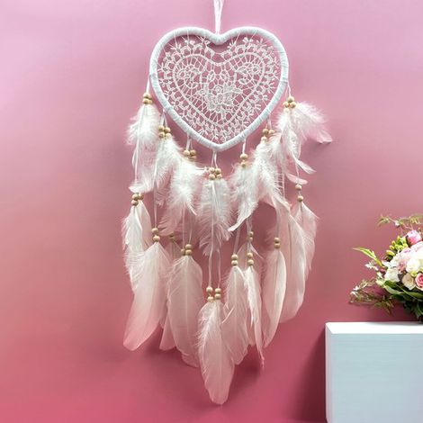 Attrape-rêves fait main - Grand attrape-rêves - Attrape-rêves décoré de perles en forme de cœur et de plumes - Ornement à suspendre - Blanc - 17 x 45 cm - Plumes/fil de coton blanc (1/5)