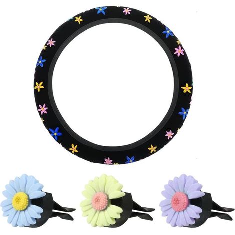 Funda para volante con bordado floral y 3 clips decorativos para las rejillas de ventilación, protección y decoración del volante.