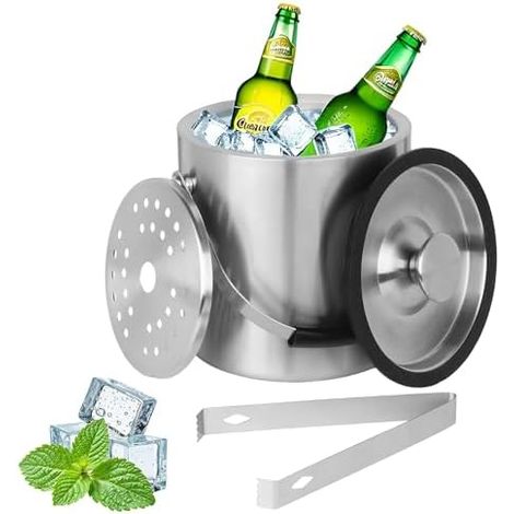 Bac à glaçons de 2 L, bac à glaçons en acier inoxydable 2 L, seau à glace en acier inoxydable, bac à glaçons isotherme à double paroi pour glaçons, idéal pour refroidir la bière (1/5)