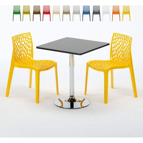 Table Carrée Noire 70x70cm Avec 2 Chaises Colorées Grand Soleil Set Intérieur Bar Café Gruvyer Mojito - Jaune (1/5)