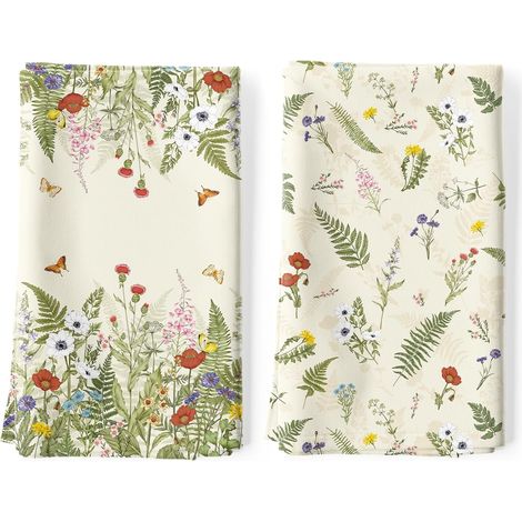 Lot de 2 Torchons de Cuisine Herbe Boho Décoratif Essuie Main Absorbante 100% Coton Feuilles Floral Torchon Vaisselle Saisonnier Cadeaux pour Crémaillère et Cuisine 48 cm x 70 cm (1/5)