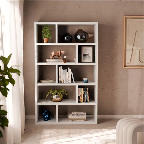 Etagère bibliothèque asymétrique 5 niveaux 10 compartiments. casiers. effet bois blanc. L 111.2 x P 39 x H 190cm