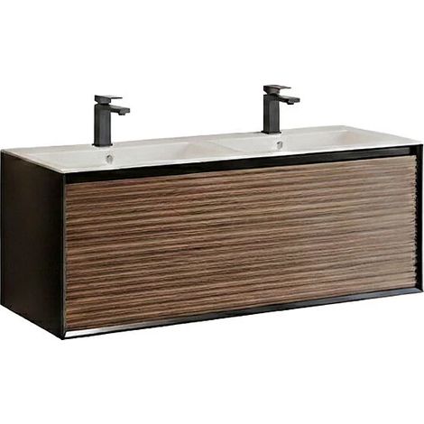 Mobile per bagno sospeso con scanalature e lavabo da incasso e rubinetto Naturale scuro e nero 120 cm - BANIVA (1/5)