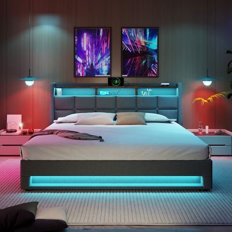 Polsterbett 180x200 mit Stauraum und LED-Beleuchtung, Doppelbett aus Leinenstoff in Grau, Bettgestell mit USB-Anschluss und Lattenrost (1/5)