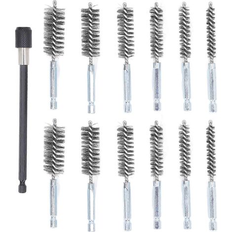 Ensemble de 13 brosses de nettoyage pour forets de 8 mm, 10 mm, 12 mm, 15 mm, 17 mm et 19 mm de diamètre et de tige de 1/4 de pouce.