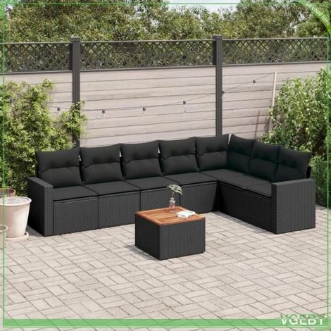 Salon de jardin - FAF7291712422256 - Résine tressée noir - Table acacia 55x55 cm - Ensemble modulable 8 places (1/5)