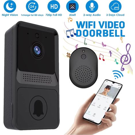 Timbre de video inalámbrico MINKUROW, compatible con Alexa conectado, funciona con el Asistente de Google, batería de cámara con cable de 1080p, audio bidireccional, PIR y visión nocturna (1/5)