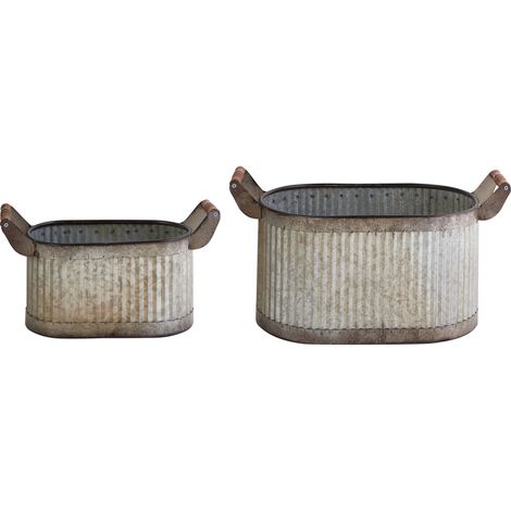 Conjunto de macetas de metal para interior y exterior de hierro con asas de madera efecto envejecido gris Tulipe (1/5)