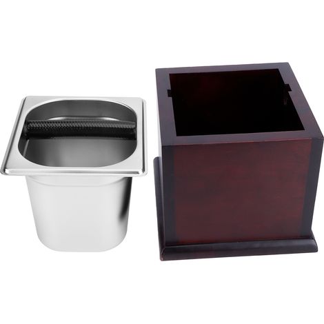Bac à marc café inox boîte à déchets café avec socle bois noyer carré pour bar salon de thé domicile (1/5)