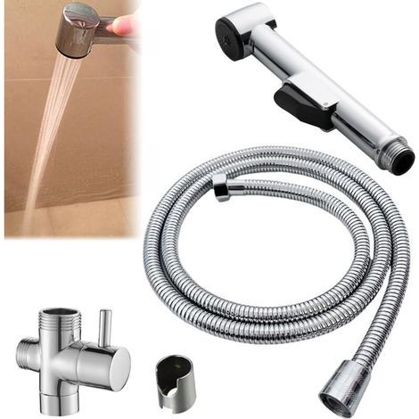 Kit completo con soffione doccia portatile sospeso per WC, tubo flessibile in acciaio inox da 150 cm, ideale per bagno, doccia, lavaggio pannolini e bagno per animali domestici. (1/5)