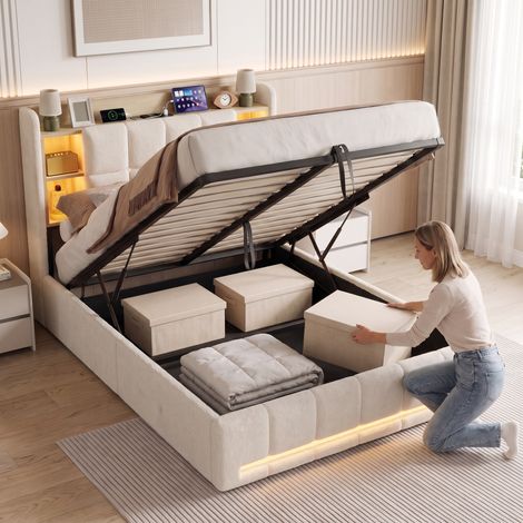 Letto contenitore 140 x 190 cm sollevamento idraulico testiera illuminazione led rete a doghe moderno teddyfleece beige (1/5)