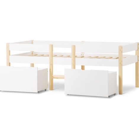 Lit mezzanine bas enfant avec tiroirs et barrière, 90 x 190 cm, blanc et chêne (1/5)