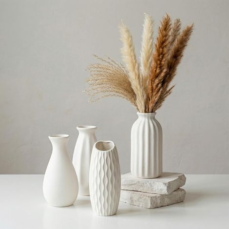 Ensemble de vases en céramique - Lot de 4 petites vases blanches modernes – Ensemble de vases de décoration pour table, idéal pour herbe de la pampa, fleurs séchées, décoration de salon (1/5)
