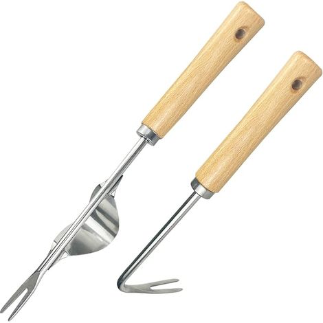 Set di 2 attrezzi manuali per la rimozione delle erbacce in acciaio inossidabile con manico ergonomico in legno, estrattore di radici e scalpello, ideale per eliminare le erbacce in giardini, aree ver (1/5)