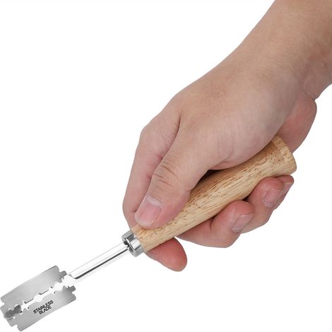 Trancheuse à pain incurvée haut de gamme avec manche en bois, couteau à pain de style européen, trancheuse à pâtisserie, livrée avec 4 lames de rechange. (1/4)