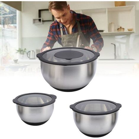 BelleRise - 3pcs bols mixtes – Acier inox 3 tailles – Avec couvercles et râpes – Pour pâtisserie, salades et conservation (1/4)
