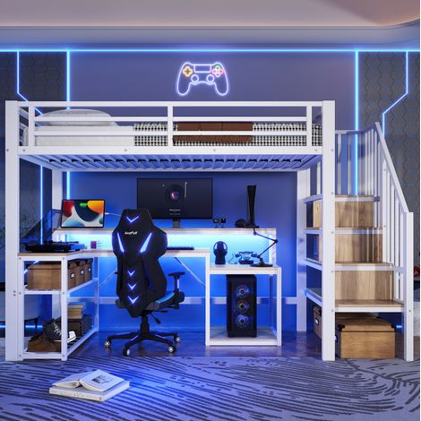 Cama alta con escritorio LED USB y estantes blanca OKMYHOME (1/5)