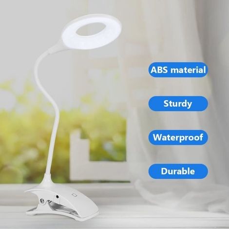 (Blanc)Lampe LED Pince à clipser - Rechargeable USB - 3 niveaux de luminosité - Design contemporain (1/4)