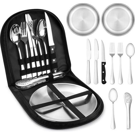 Ensemble de pique-nique - 10 pièces - Kit de camping - Couverts de camping - Couverts de camping pour 2 personnes - Couverts en acier inoxydable - Pratique - Argenté - 10 pièces (1/5)