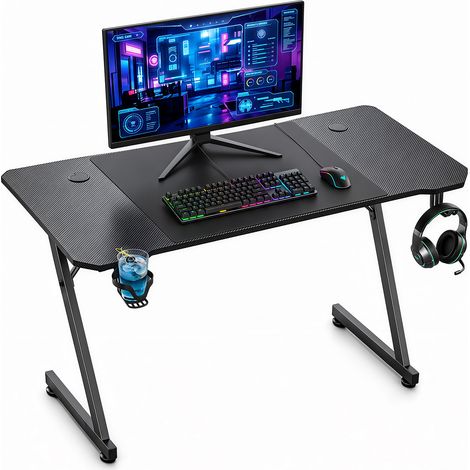 Jiubiaz Escritorio Gaming 120x60 cm en Z, efecto carbono con portavasos y soporte para auriculares (1/5)