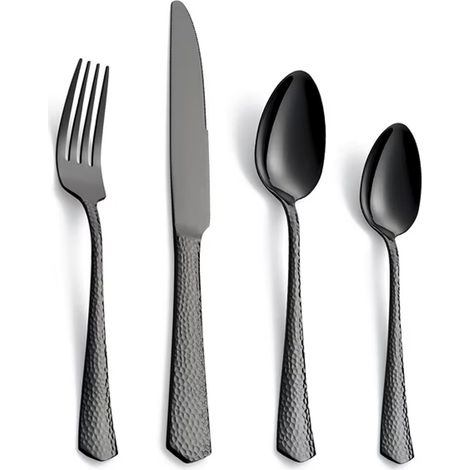 Ménagère noire martelée, 24 pièces en acier inoxydable, comprenant fourchettes, cuillères et couteaux, pour 6 personnes, compatible lave-vaisselle