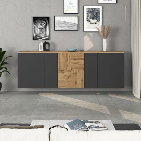 WHOUS Credenza sospesa Iseo con 5 ante e 10 scomparti interni antracite opaco e rovere 200x35x70 cm (1/5)