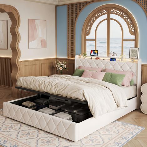 Lit Coffre Double 140x200 cm flanelle Beige, Connecté USB/Type-C, Maintien Antidérapant du Matelas, Sommier Inclus, Scandinave (1/5)