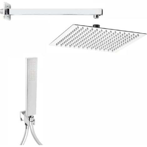 Set doccia in acciaio inox con soffione ultra slim 20x20 cm, braccio doccia e kit doccino in ottone cromo lucido (1/2)