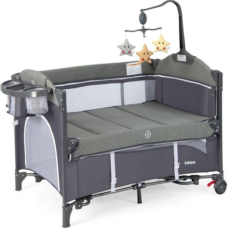 COSTWAY Lettino per Bambini 5-in-1 con Materasso, Culla da Campeggio Pieghevole e Regolabile con Ruote, Adatta per Bambini 0-9 Mesi, blu (1/5)